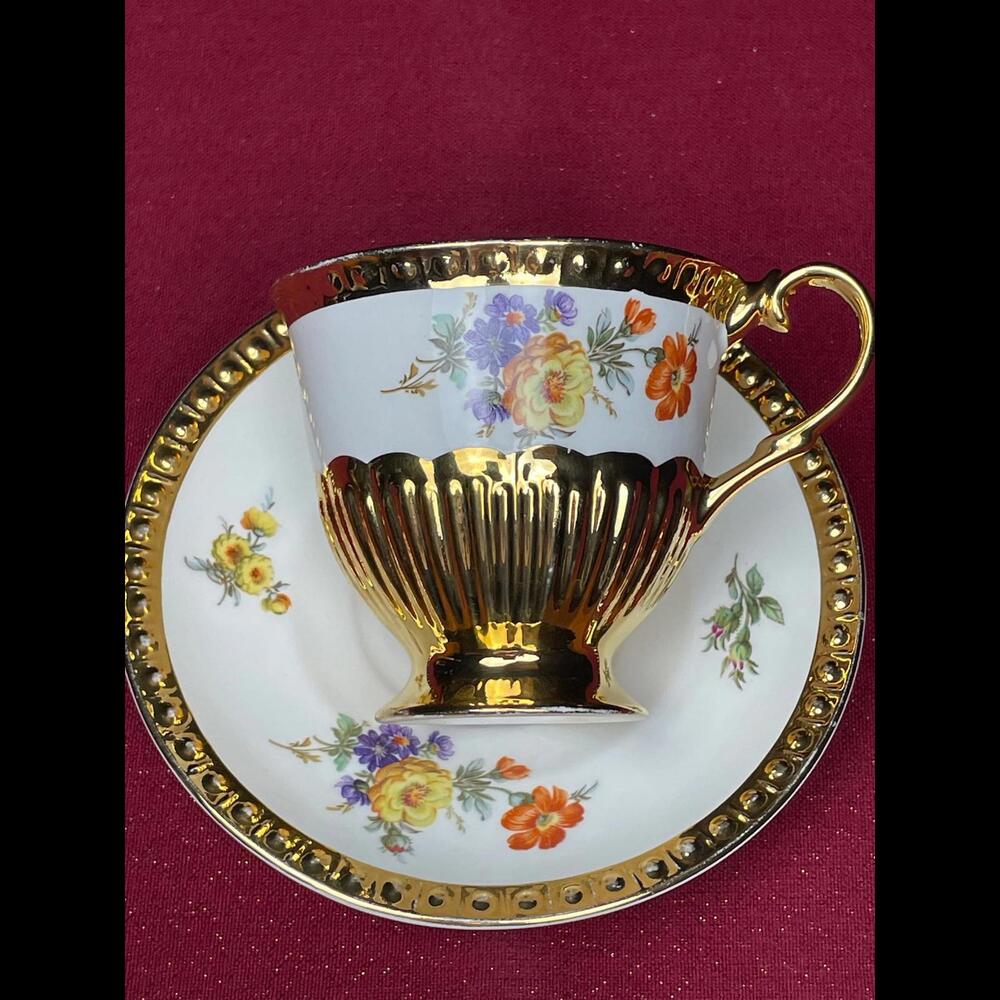 Crown Devon Staffordshire Gold Gilt Tea Set | 1950s Bone China Teacup & Saucer